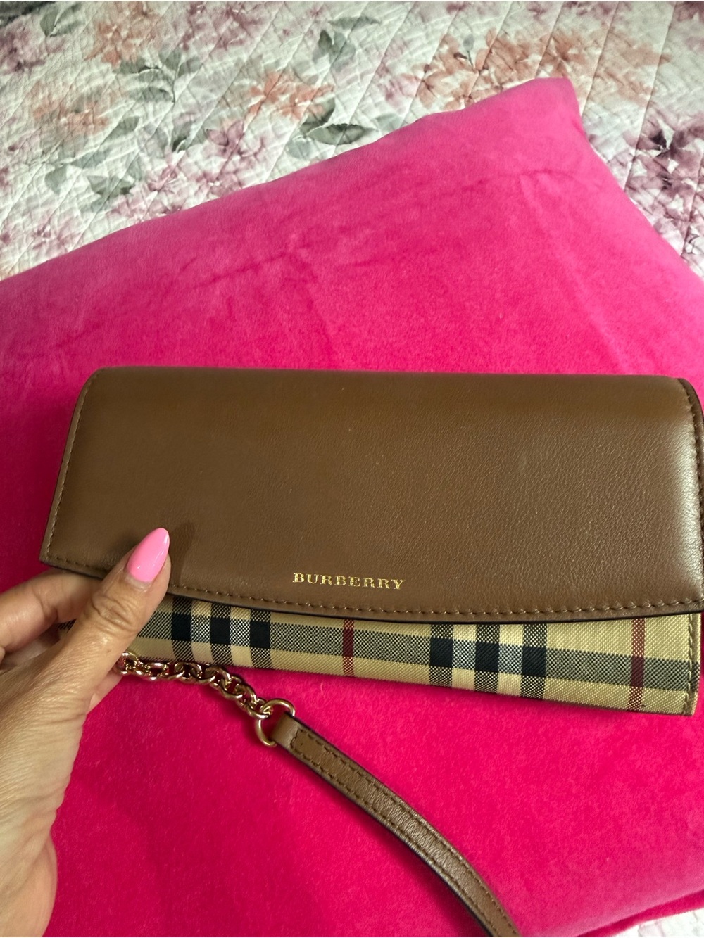 Burberry Brown Leather & Beige Check Crossbody Bag with Gold Chain - Picture 9 of 9